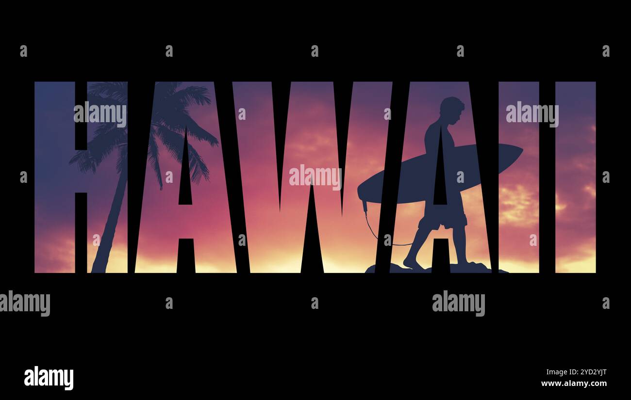 In stile retrò cartolina per Hawaii con palme e Surfer Foto Stock