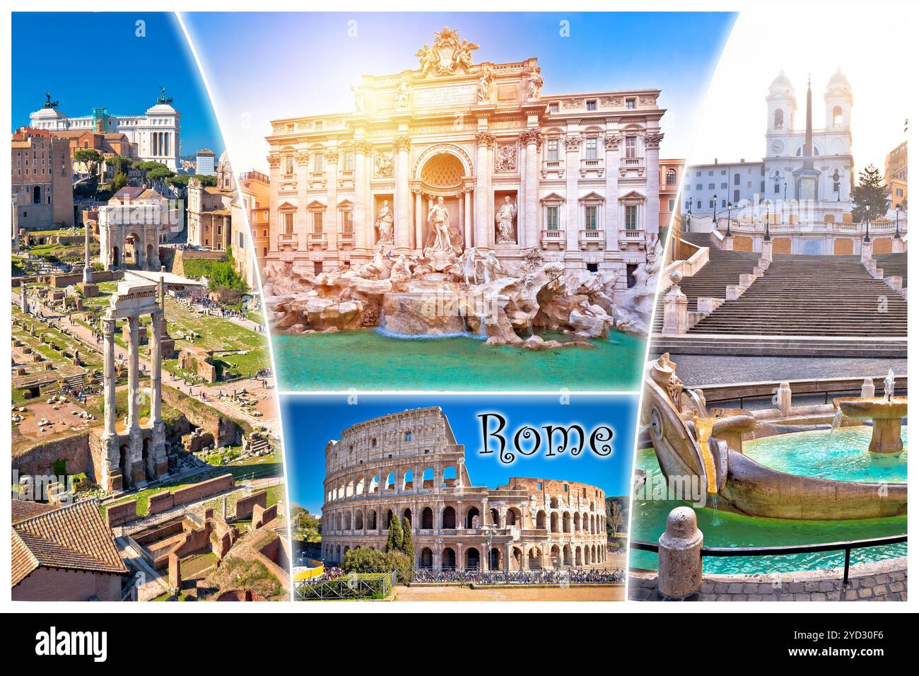 Cartolina di Roma. La città eterna di Roma, famose attrazioni turistiche, vista da cartolina, con etichetta del nome della città Foto Stock