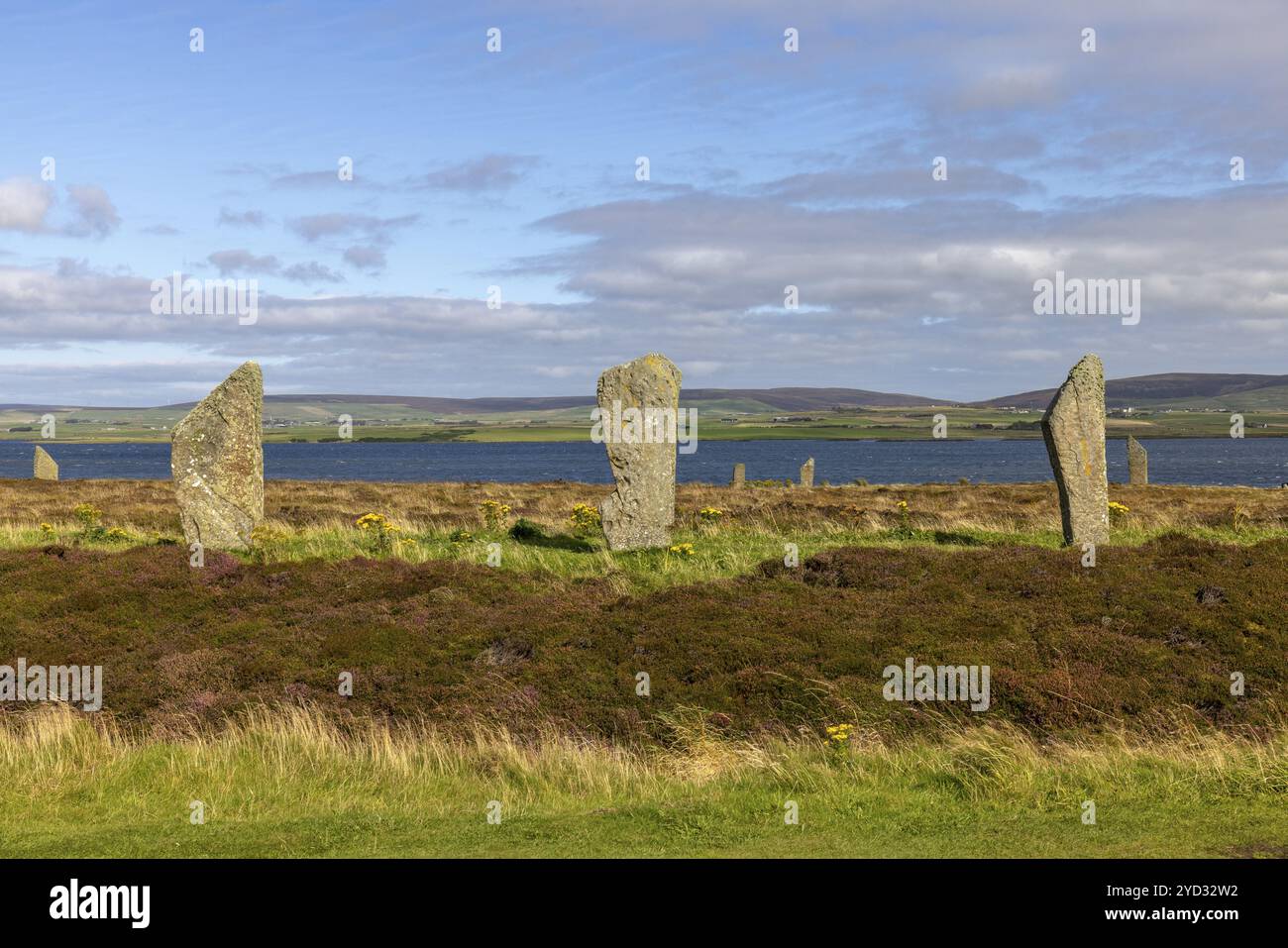 Anello di Brodgar, cerchio di pietra e fossato, monumento neolitico, sito patrimonio dell'umanità dell'UNESCO, continente, Isole Orcadi, Scozia, Gran Bretagna Foto Stock