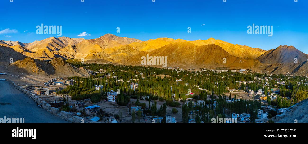 Vista panoramica della città di Leh con il maestoso paesaggio delle montagne himalayane - Ladakh, India Foto Stock