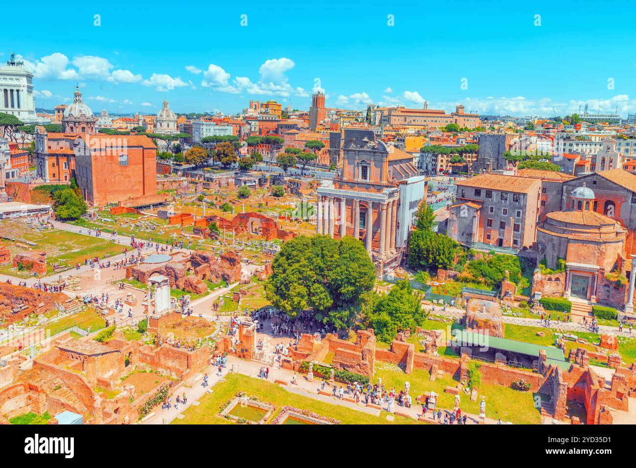 Vista del Foro Romano dal colle del Palatino - una panoramica generale di tutto il Foro Romano con tutti i suoi luoghi di interesse. L'Italia. Foto Stock