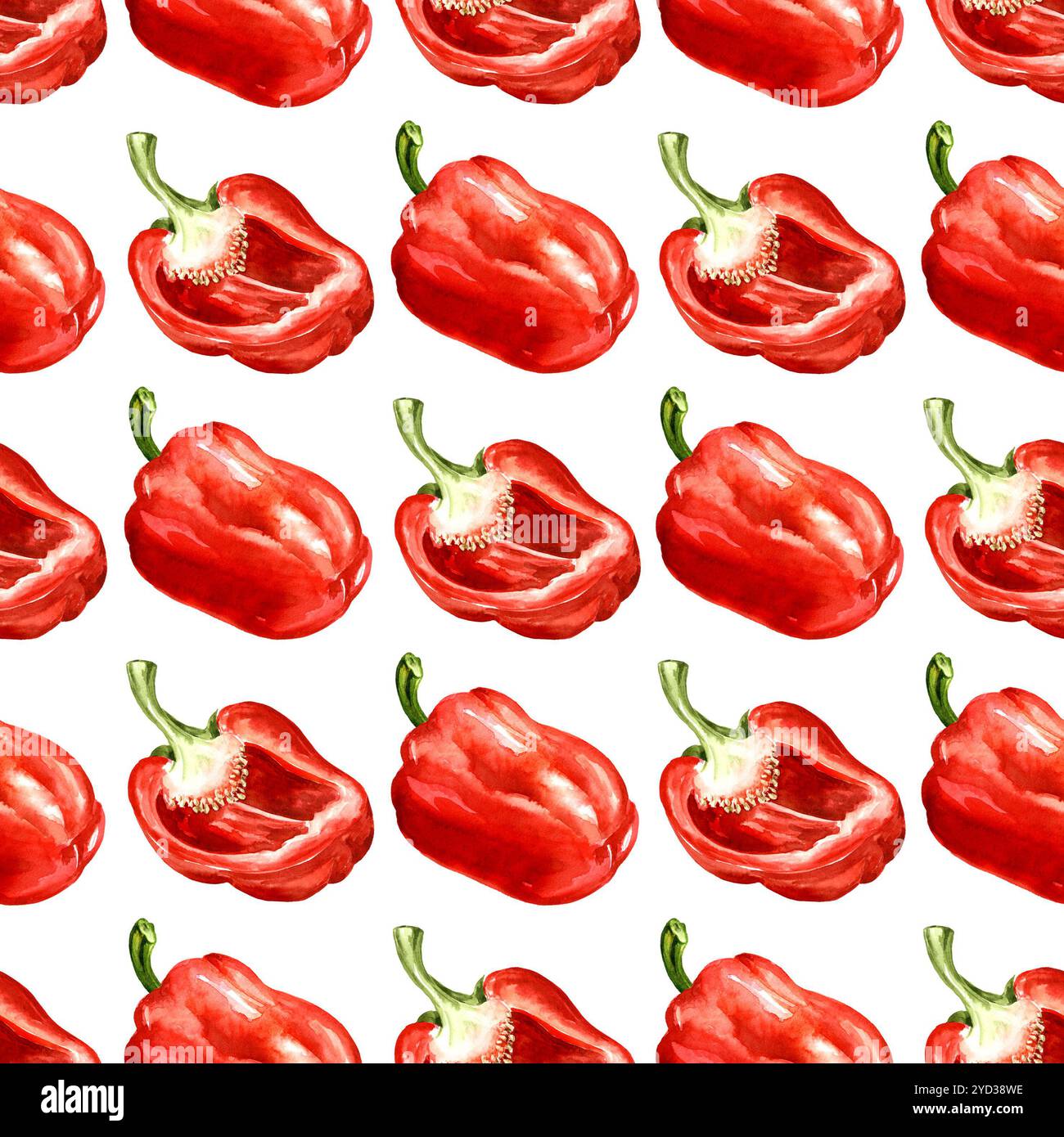 Peperone rosso dolce senza cuciture. Illustrazione dipinta a mano ad acquerello, isolata su sfondo bianco Foto Stock