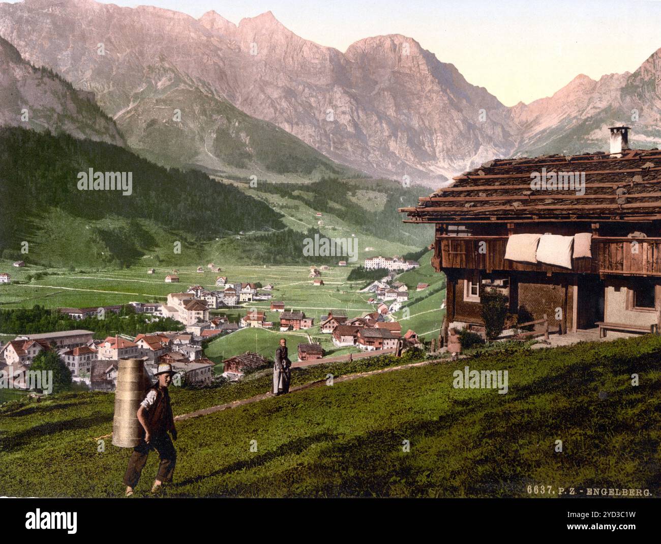 Valle di Engelberg e Casa del contadino, Oberland Bernese, Svizzera, storica, riproduzione restaurata digitalmente da un originale del XIX secolo, data record non dichiarata Foto Stock