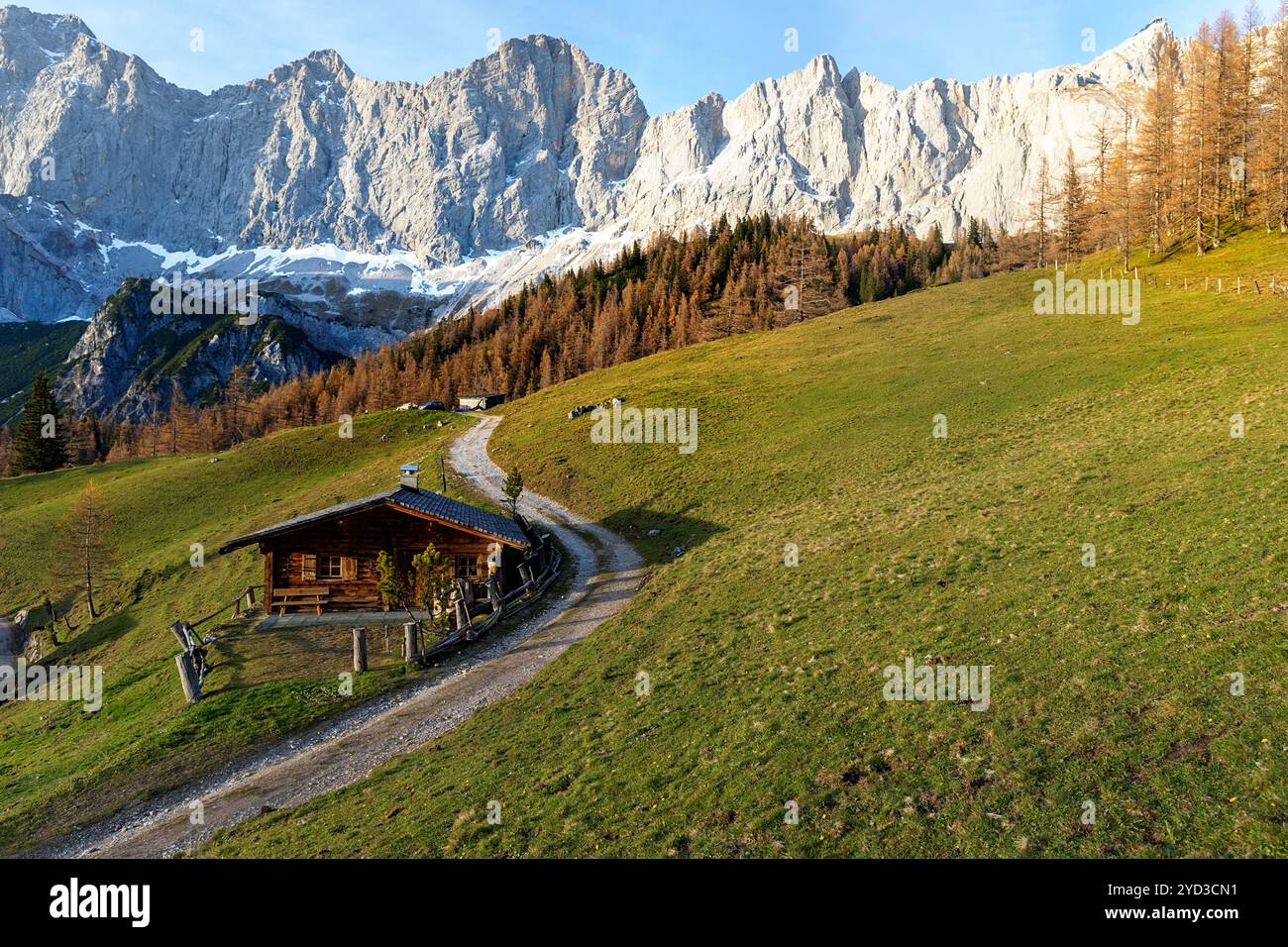 Rifugio tradizionale sul pascolo alpino di Neustattalm, prato, circondato da foreste nella fogliaga autunnale e nella catena montuosa di dachstein, austria Foto Stock