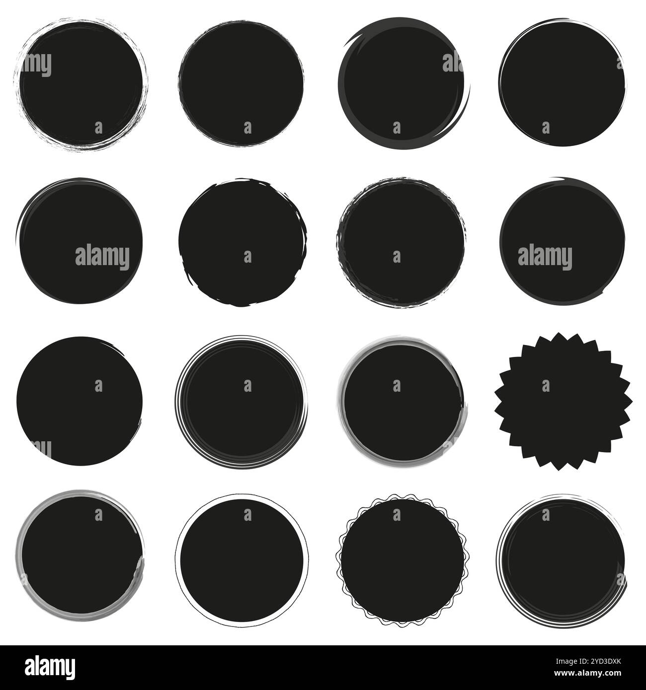 Icone circolari nere astratte. Bordi ruvidi. Forme geometriche circolari. Elementi di progettazione vettoriali. Illustrazione Vettoriale