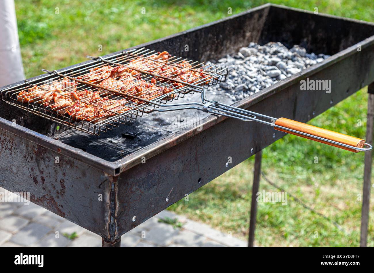 Sgranocchiate durante la cottura sul mangal sopra i carboni caldi all'aperto Foto Stock