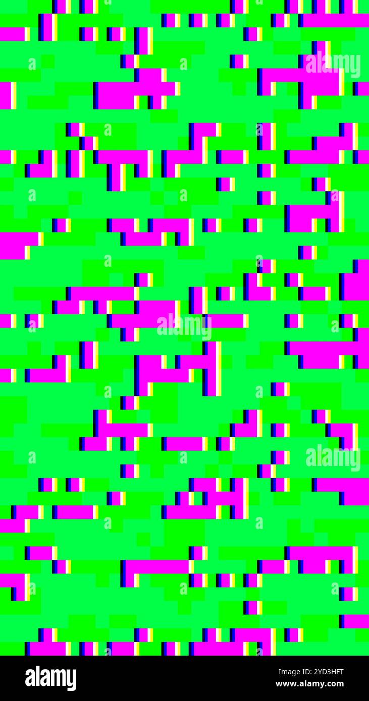 Glitch art astratta pixelata in verde brillante e rosa con motivo a 8 bit Foto Stock