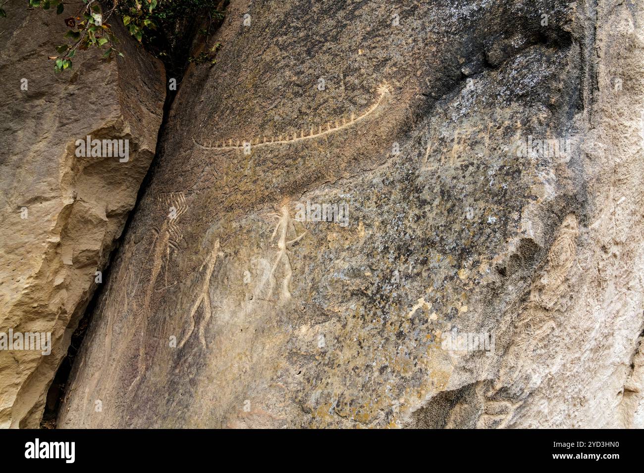 Il Parco Nazionale del Qobustan (Gobustan) è ben noto per le sue storiche incisioni rupestri, l'Azerbaigian. Le incisioni rupestri raffigurano persone, cacciatori e varie Foto Stock