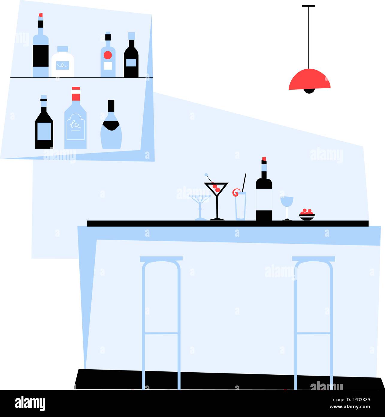 Banco bar con bevande e bottiglie in Flat Vector, illustrazione che simboleggia il relax, il tempo libero e l'ospitalità, isolato su sfondo bianco. Illustrazione Vettoriale