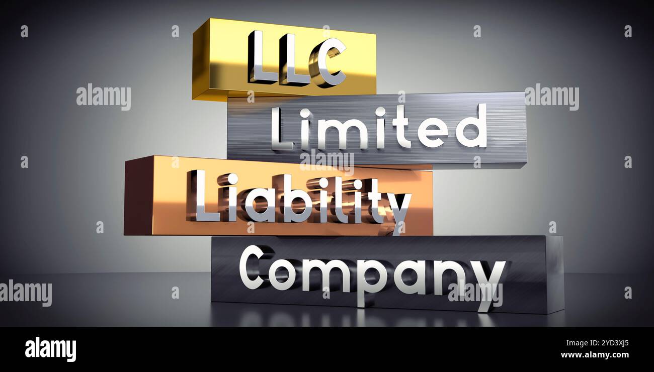 LLC, società a responsabilità limitata - parole sui blocchi metallici - illustrazione 3D. Foto Stock