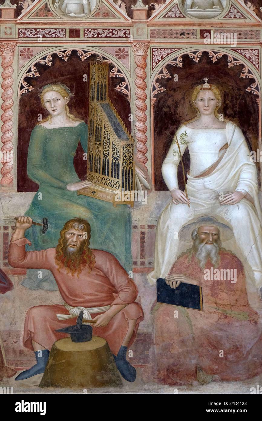 Music-Tubalcain, Dialectis-Pietro Ispano, Scienze Sacre e arti liberali, dettaglio del Trionfo di San Tommaso d'Aquino, affresco Foto Stock