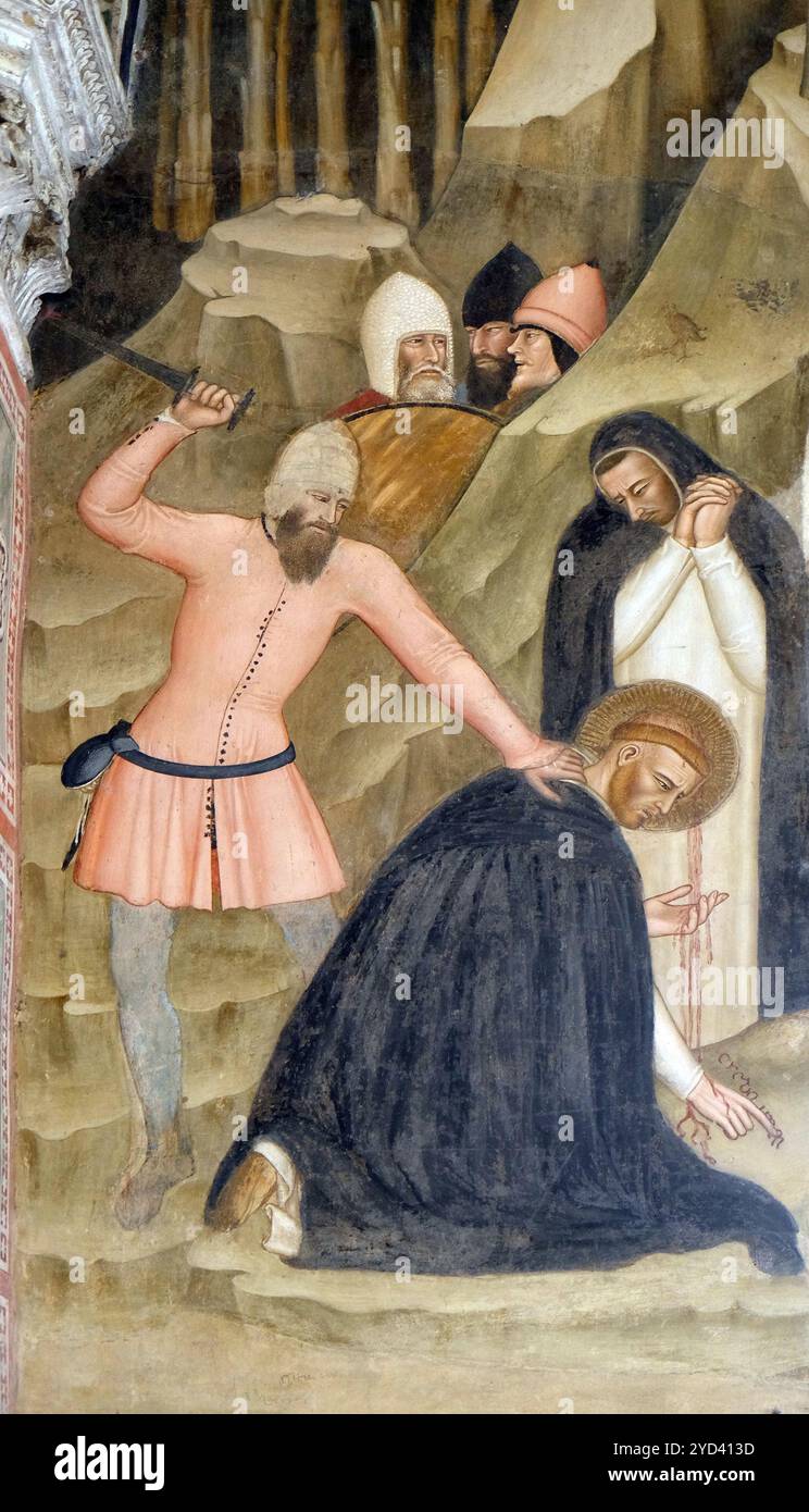Martirio di San Pietro, affresco di Andrea di Bonaiuto, Cappella spagnola a Santa Maria Novella principale chiesa domenicana a Florenc Foto Stock