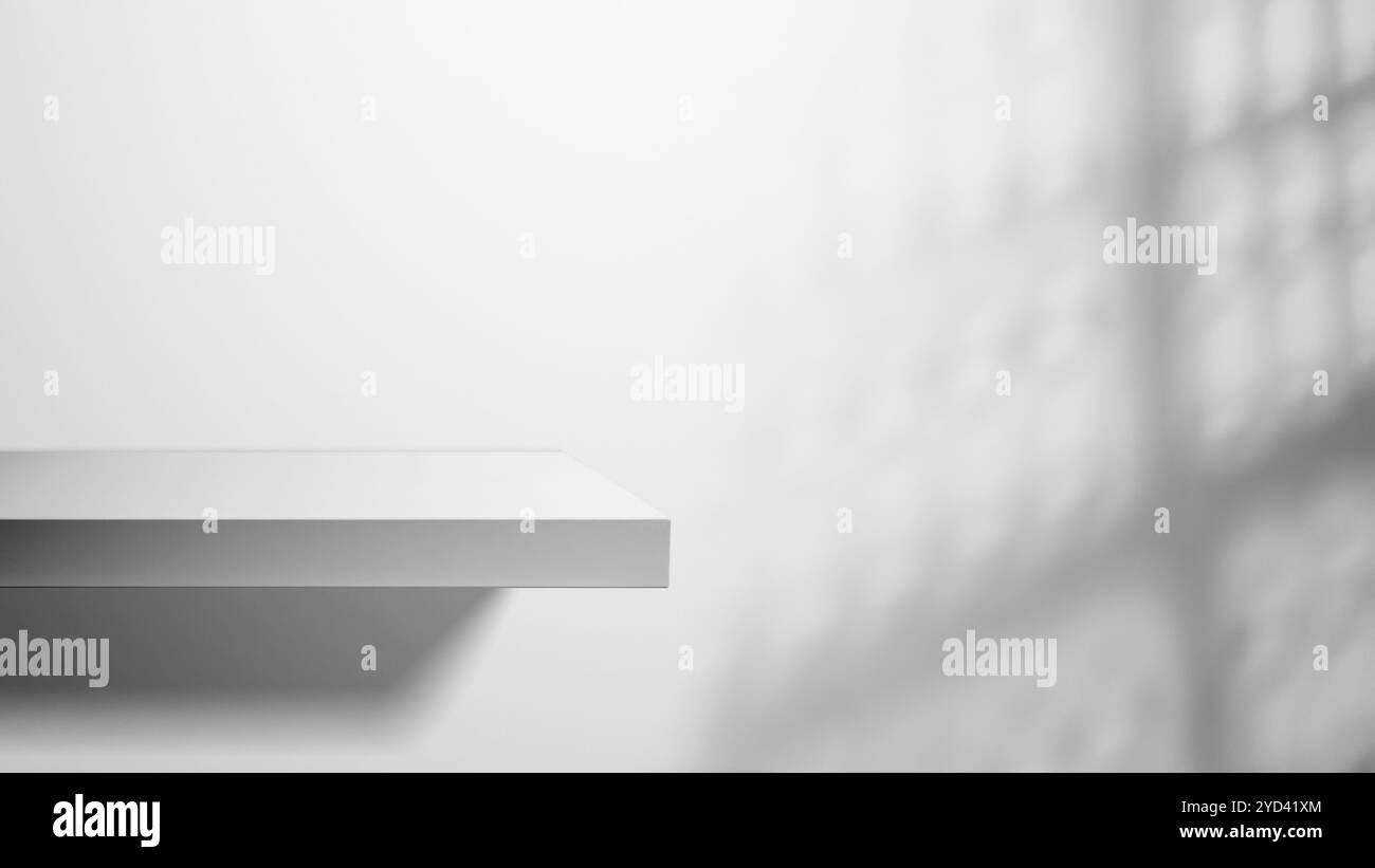 Scaffale a parete vuoto con parete bianca in cemento. Schema astratto della parete in cemento. Simulare la presentazione del prodotto. Copia spazio. Sfondo a trama murale Foto Stock