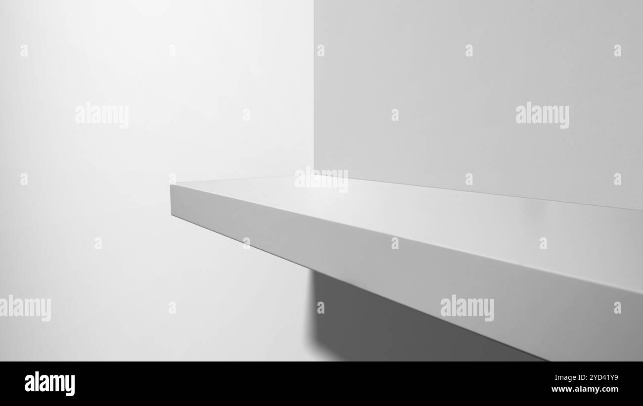 Scaffale a parete vuoto con parete bianca in cemento. Schema astratto della parete in cemento. Simulare la presentazione del prodotto. Copia spazio. Sfondo a trama murale Foto Stock