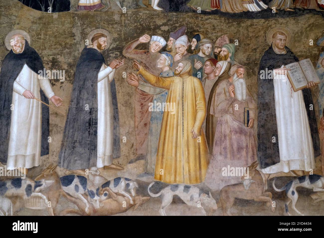 I Santi Pietro il Martire e Tommaso d'Aquino confutano gli eretici, dettaglio della Chiesa attiva e trionfante dettaglio, affresco di e. Foto Stock