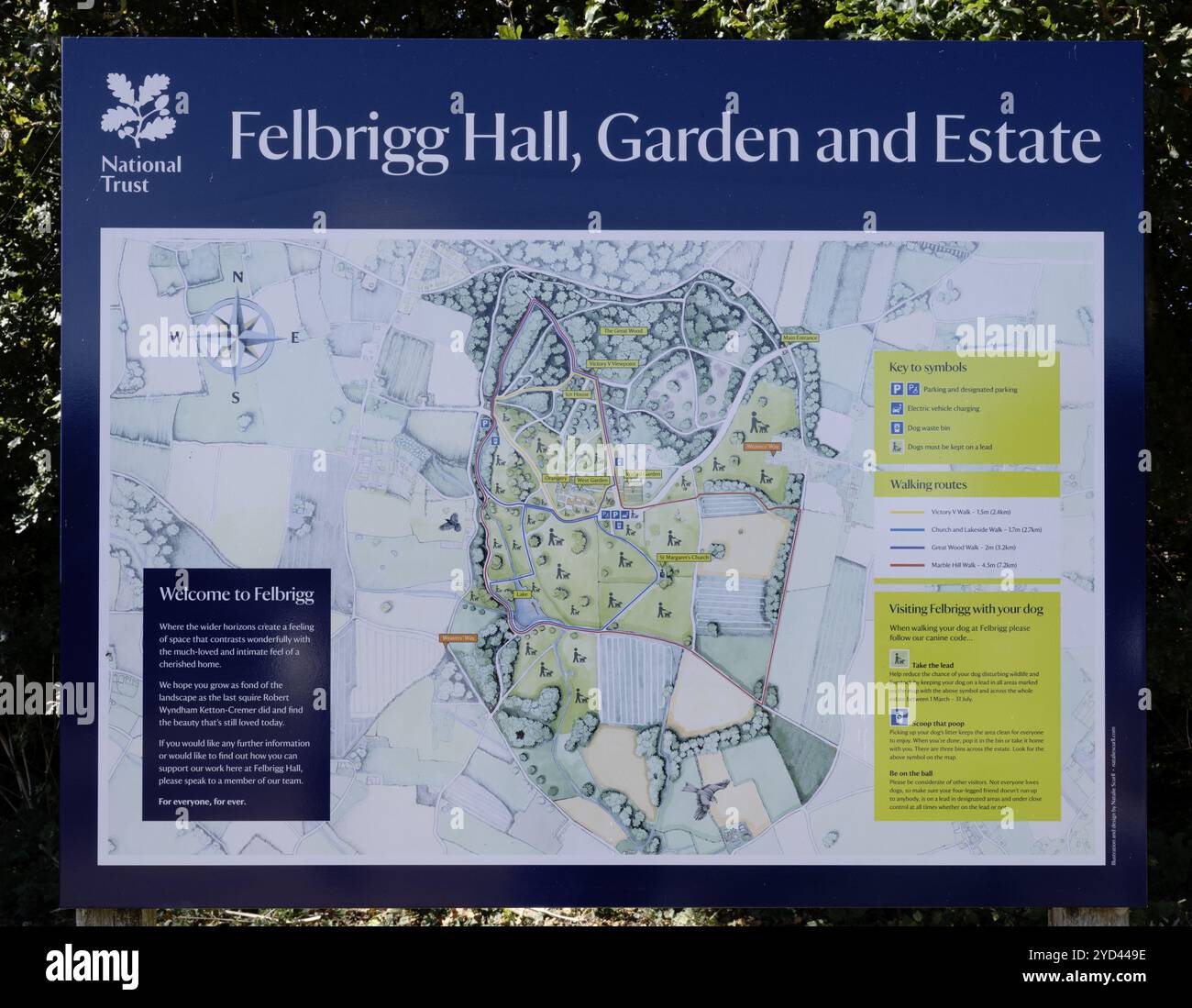 Cartello informativo per i visitatori presso Felbrigg Hall, Garden and Estate, Felbrigg, Norwich, Norfolk, Inghilterra, Regno Unito Foto Stock