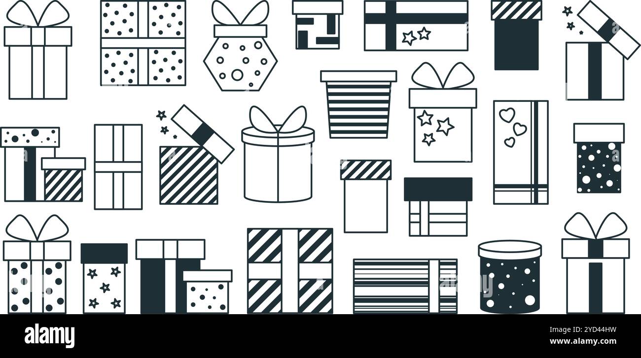 Scatole regalo di Natale in bianco e nero. Imposta scatole chiuse e aperte di diverse dimensioni e forme, decorate con carta da imballaggio a strisce e punti Illustrazione Vettoriale