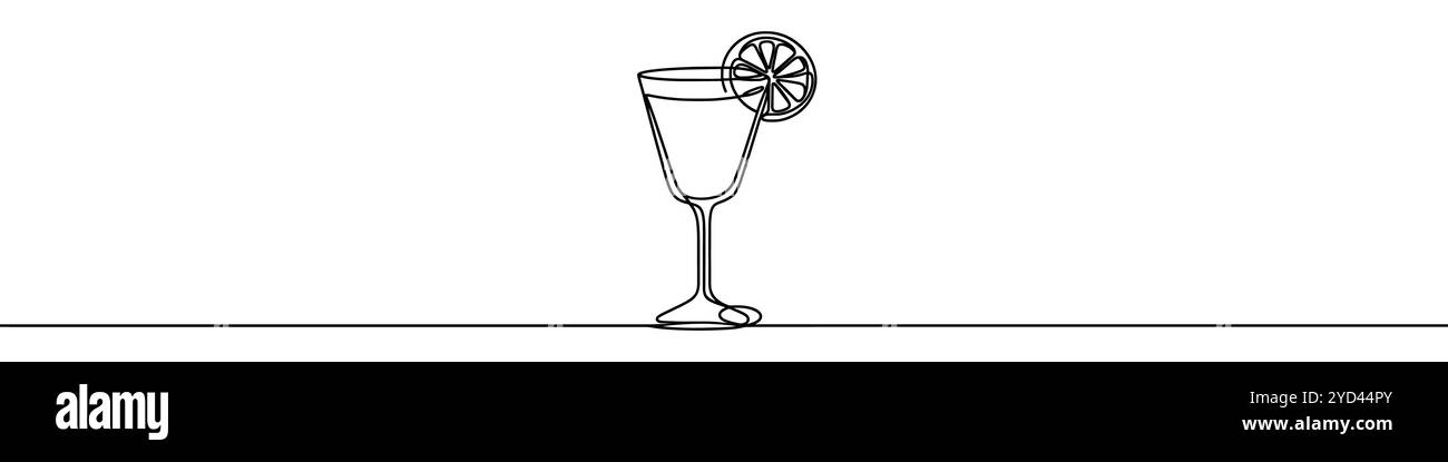 Illustrazione vettoriale minimalista di un bicchiere da cocktail con una fetta di limone, creato utilizzando una linea continua Illustrazione Vettoriale