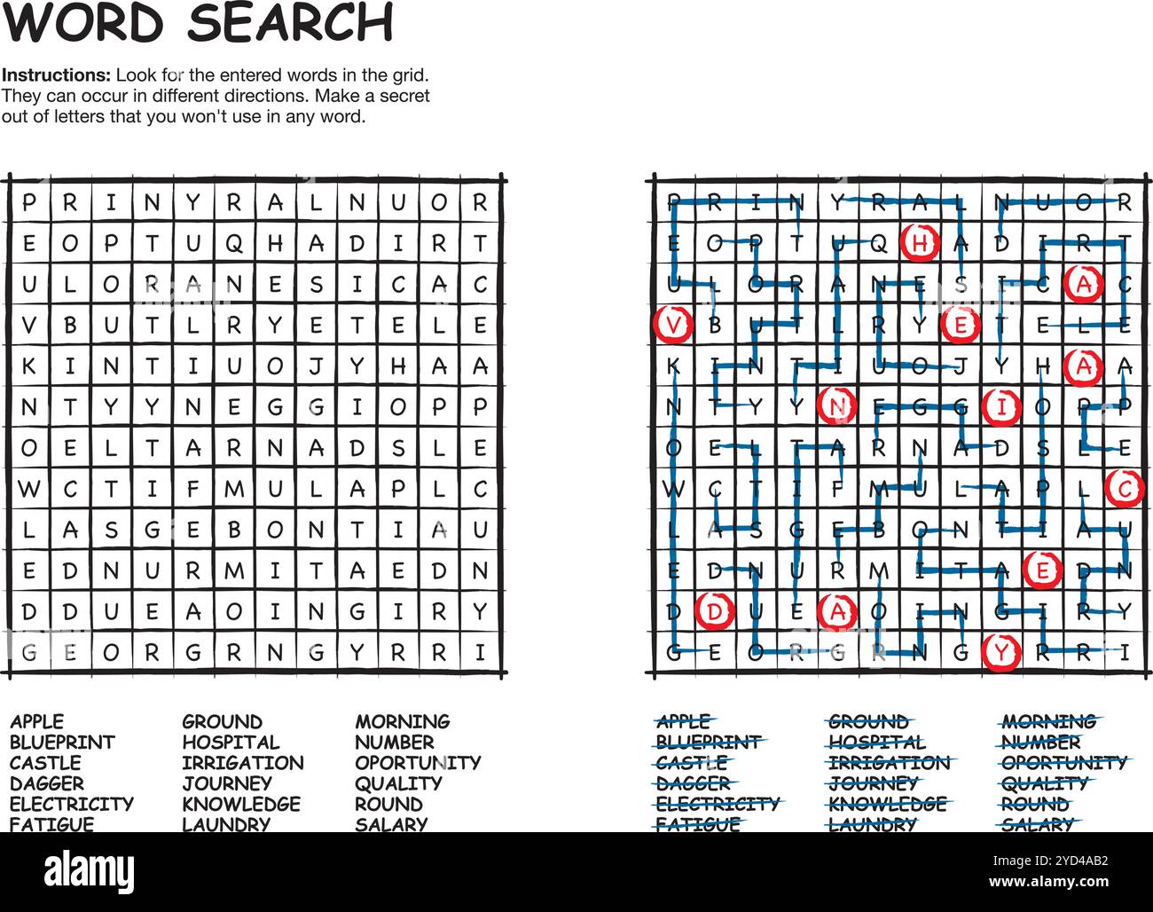 RICERCA DI PAROLE 001. Puzzle di parole vettoriali con soluzione. Illustrazione Vettoriale