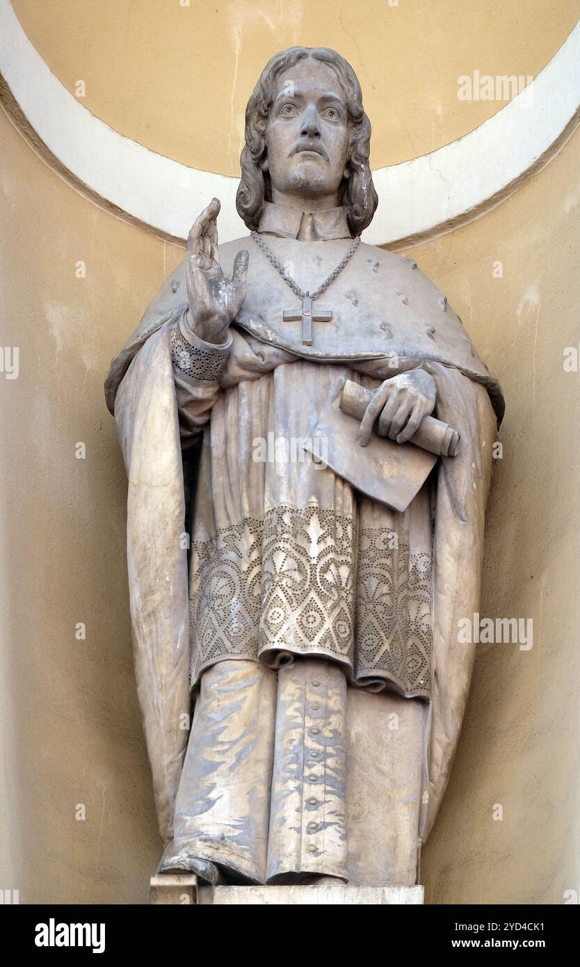 Sigismund von Lamberg, primo vescovo di Lubiana sulla facciata di San Nicola nella Cattedrale di Ljubljana, Slovenia Foto Stock
