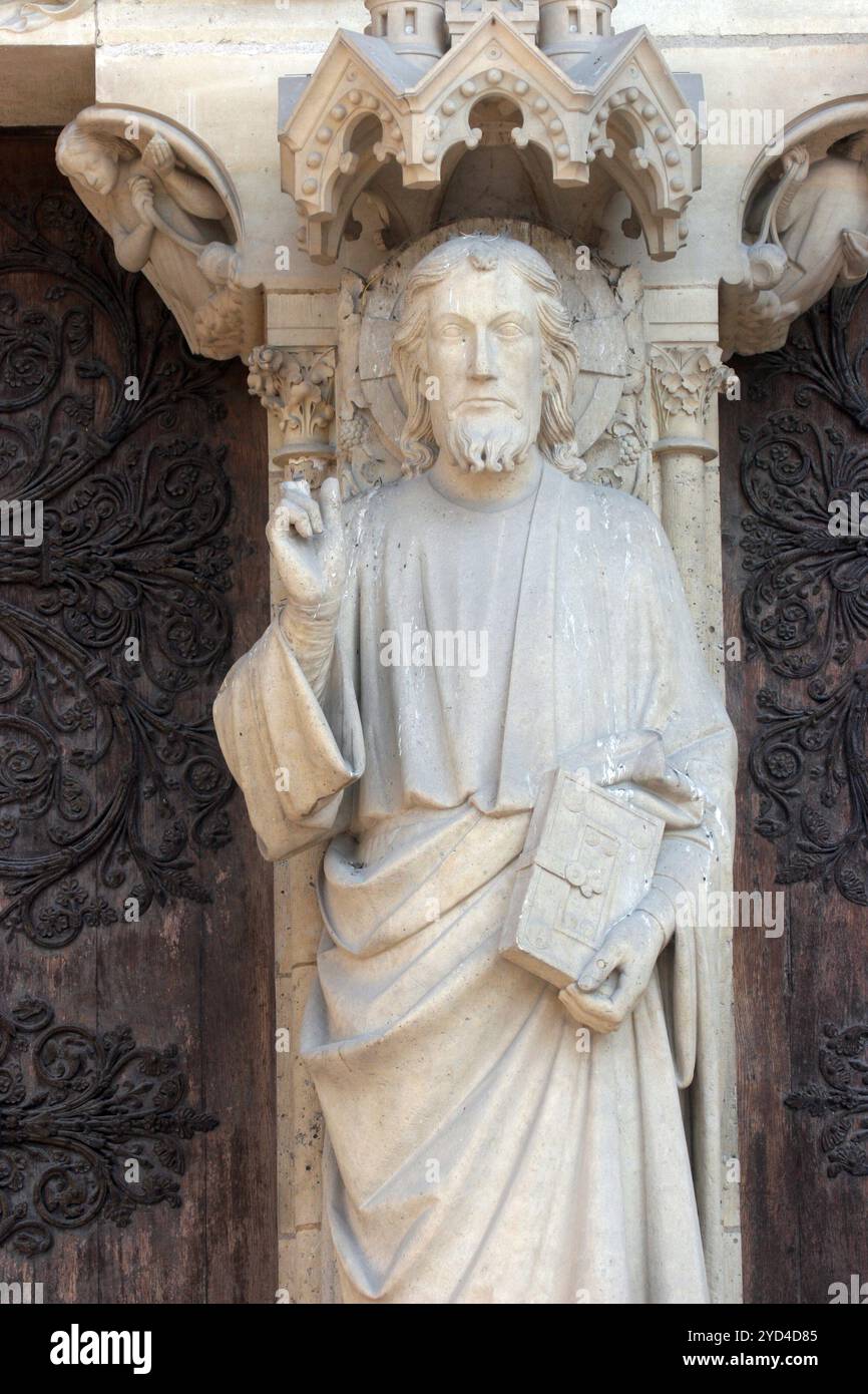 Christ Teaching, Cattedrale di Notre Dame, portale del giudizio universale, Parigi Foto Stock