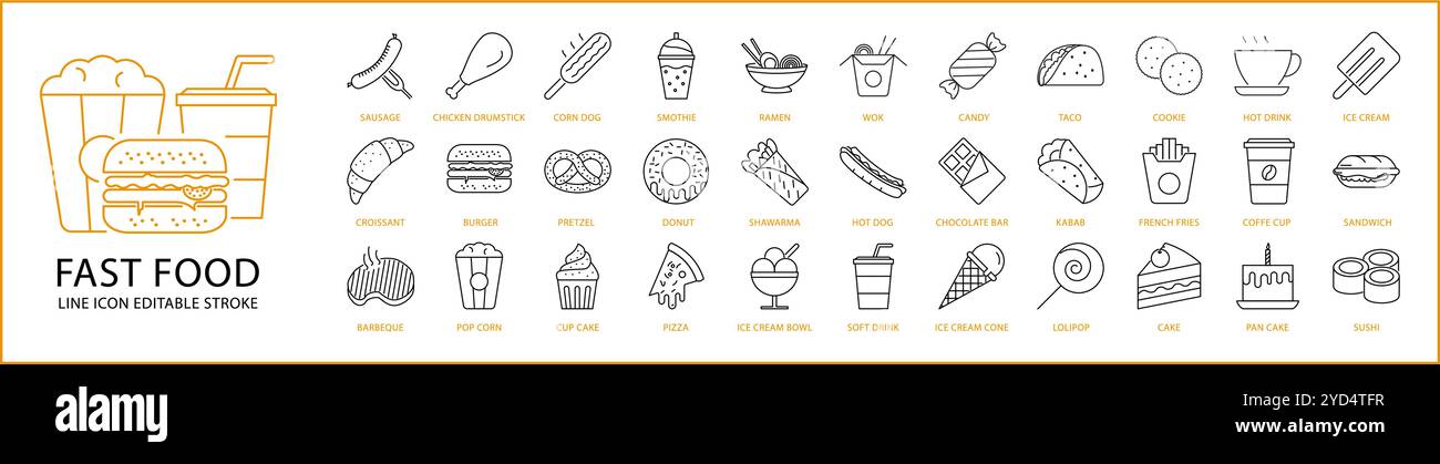 Icona fast food impostata in stile linea. Icone fast Foodd. Illustrazione vettoriale. Tratto modificabile. Illustrazione Vettoriale