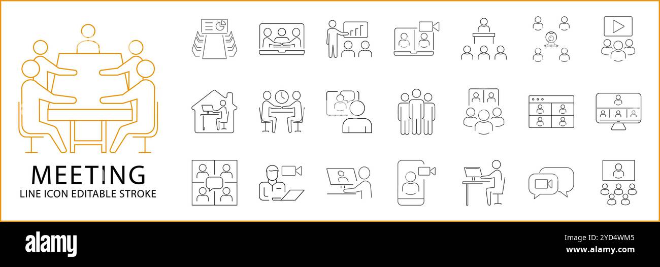 Icone delle riunioni in stile linea. Contenente attività, lavoro di squadra, team, gestione, gruppo, organizzazione, lavoro, ecc. Set di icone. Illustrazione vettoriale. Modificabile Illustrazione Vettoriale