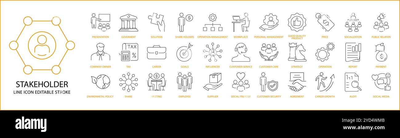 Set di icone stakeholder in stile linea. Contenente collaborazioni, costruzione, partner, azionista, uomo d'affari, negoziazione, piano, insieme, investitori, posta in gioco Illustrazione Vettoriale