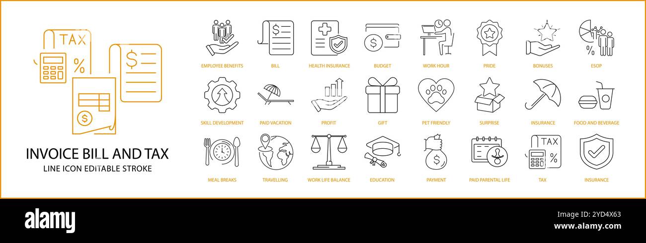 Icona fattura, fattura, imposta e pagamento impostata in stile riga. Illustrazione vettoriale. Traccia modificabile. Illustrazione Vettoriale