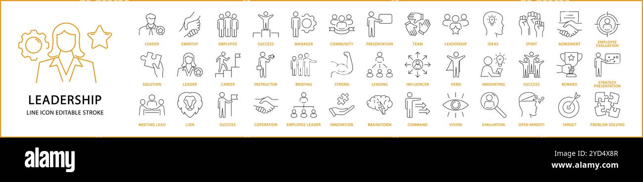 Icone di leadership in stile linea. Contenente leader, azienda, lavoro di squadra, persona, gestione, successo, ecc. Illustrazione vettoriale. Tratto modificabile. Illustrazione Vettoriale