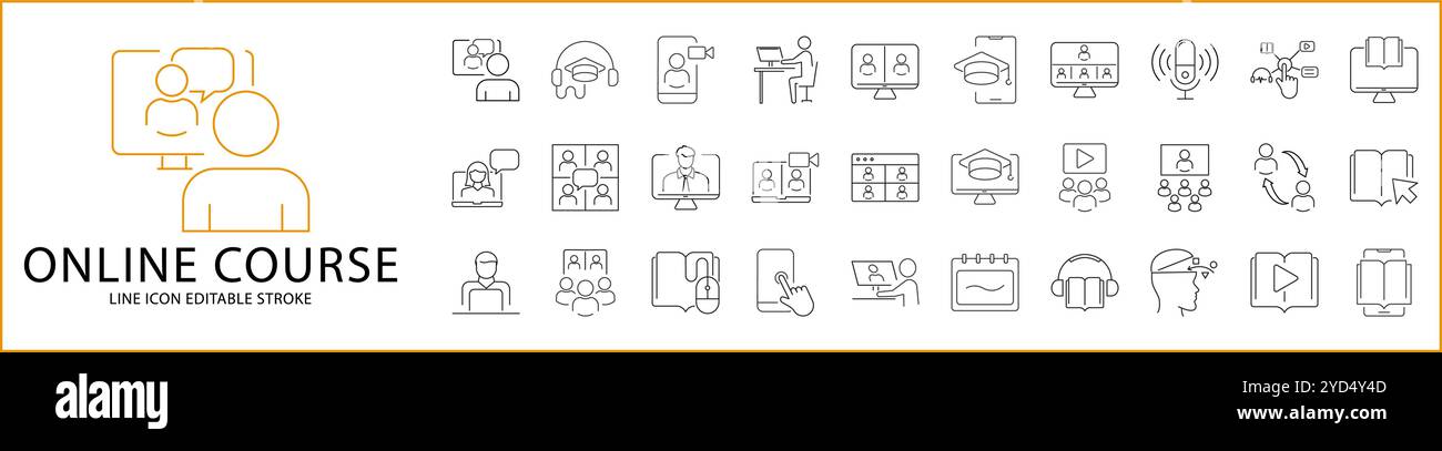 Icone del corso online in stile linea. Contenente istruzione, apprendimento, formazione, attività, seminari, video, studio, ecc. Set di icone. Illustrazione vettoriale Illustrazione Vettoriale