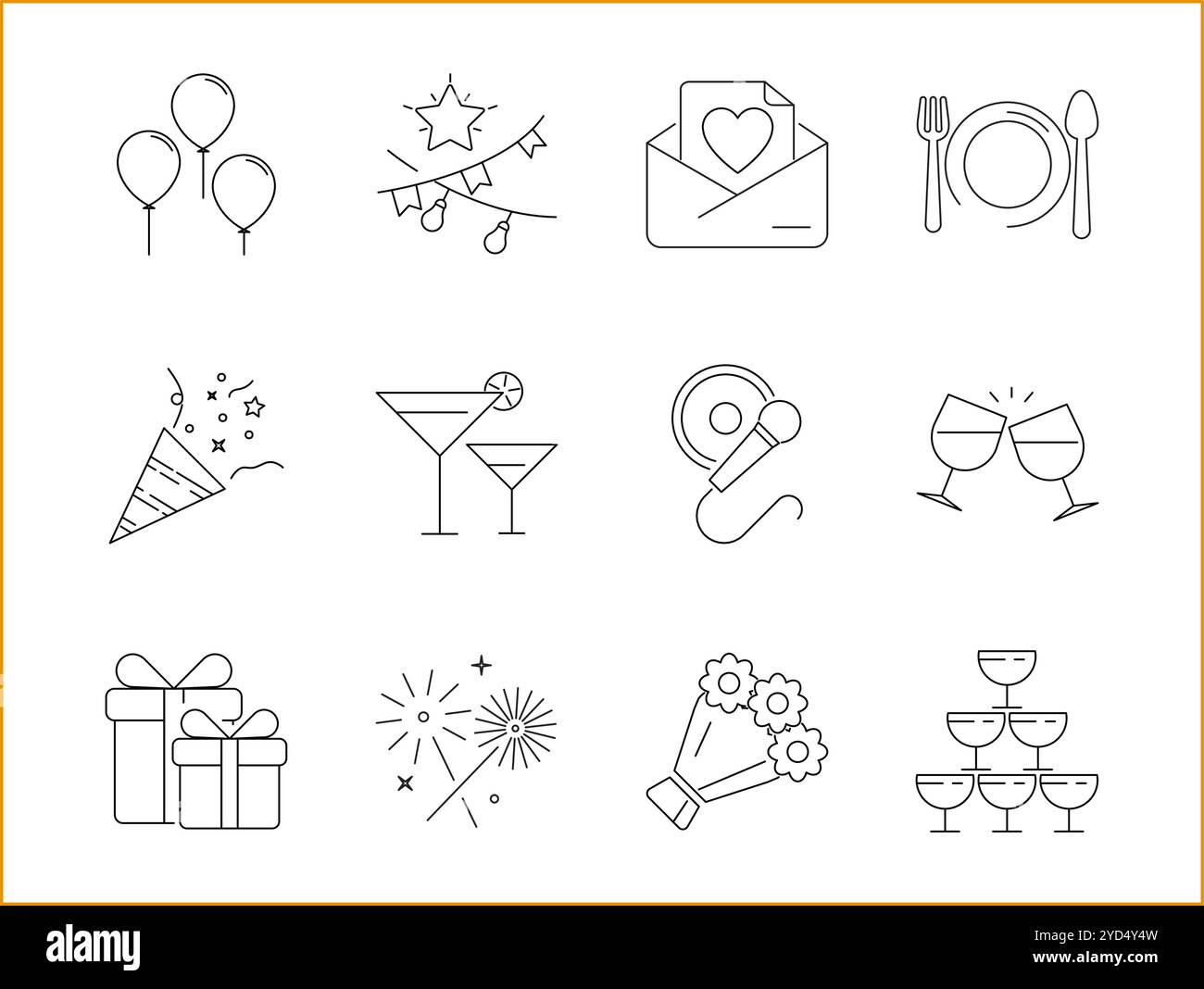 Icona Party impostata in stile linea. Contenente musica, eventi, cibo, contorno, decorazione, isolato, compleanno, moderno, festival, divertimento, felice, ecc. Illustrazione Vettoriale