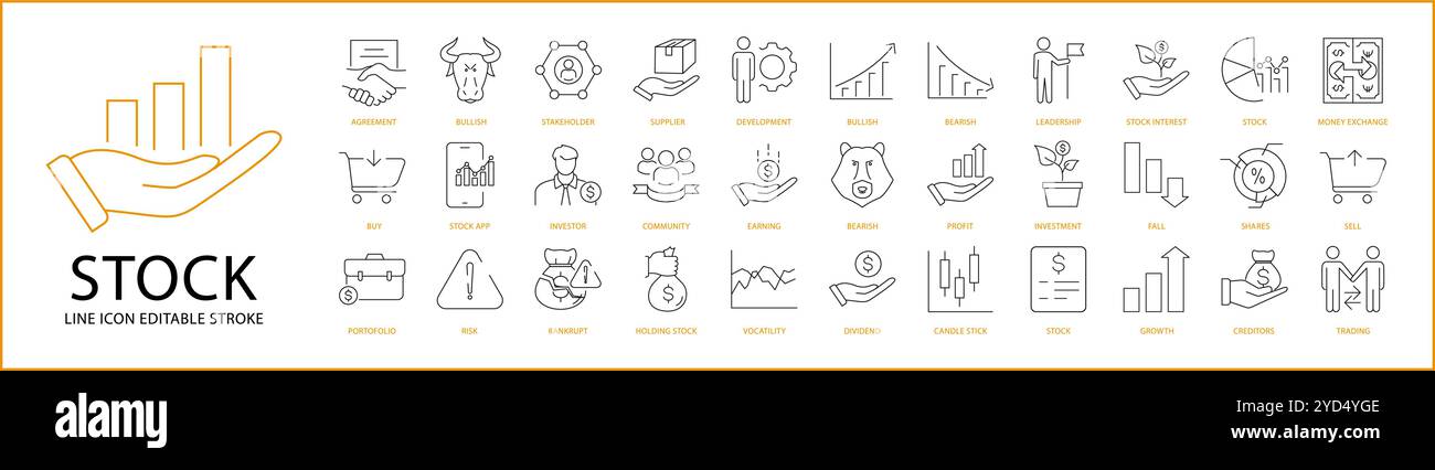 Icona stock impostata in stile linea. Contenente finanza, finanza, denaro, linea, crescita, investimenti, pagamenti, banche, ecc. Illustrazione vettoriale. Illustrazione Vettoriale