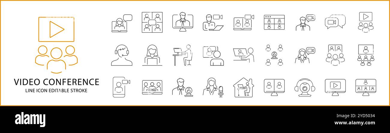 Set di icone videoconferenza. Icone della linea di videoconferenza. Che contiene informazioni virtuali, di conversazione, riunioni, zoom, digitali, comunicazione, seminario, ecc. Vettore Illustrazione Vettoriale