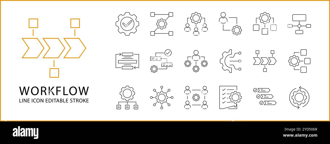 Icona flusso di lavoro impostata in stile linea. Contenente processo, strategia, produttività, automazione, raccolta, efficienza, successo, lavoro, grafico, sviluppo, et Illustrazione Vettoriale