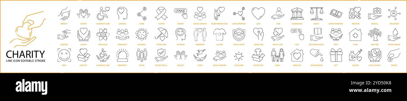 Icona volontariato e beneficenza impostata in stile linea. Contenendo supporto, comunità, cuore, mano, speranza, ecc. Illustrazione vettoriale. Illustrazione Vettoriale