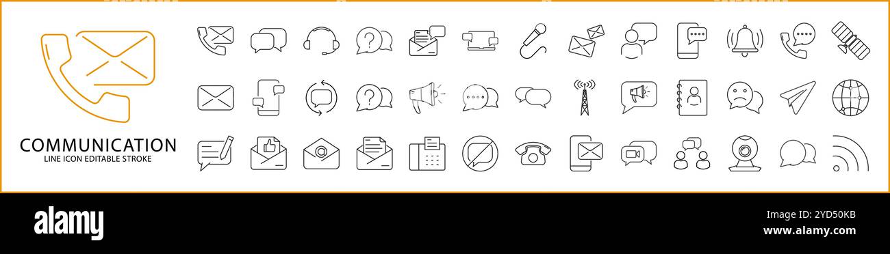 Icona di comunicazione impostata in stile linea. Icone di comunicazione. Illustrazione vettoriale. Tratto modificabile. Illustrazione Vettoriale
