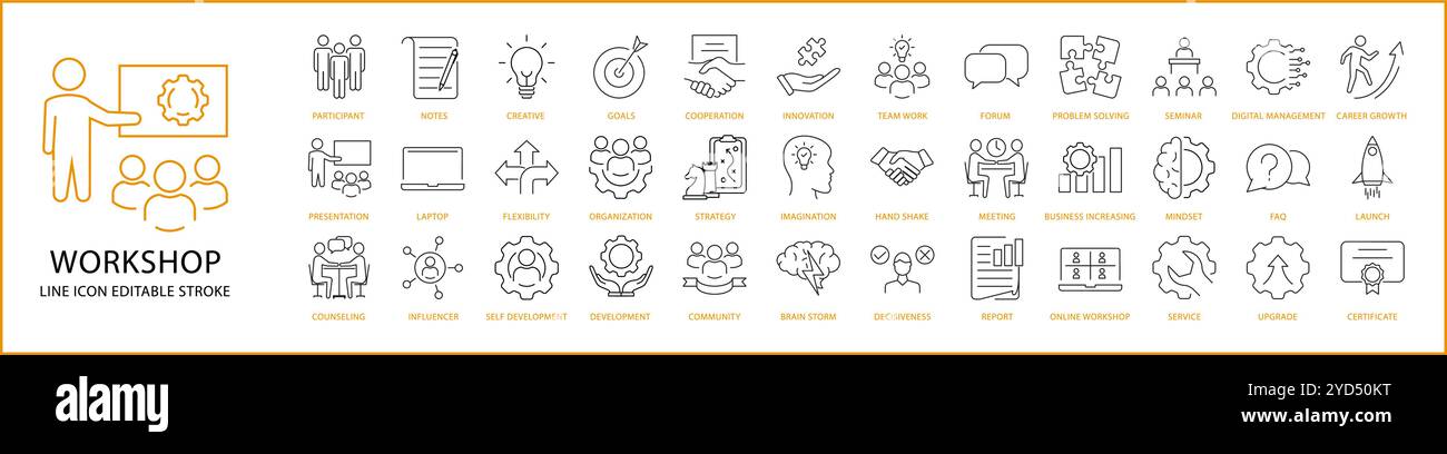 Icona officina impostata in stile linea. Contenente conferenza, team, umano, business, lavoro di squadra, gruppo, seminario, persona, riunione, leadership, presentazione, et Illustrazione Vettoriale