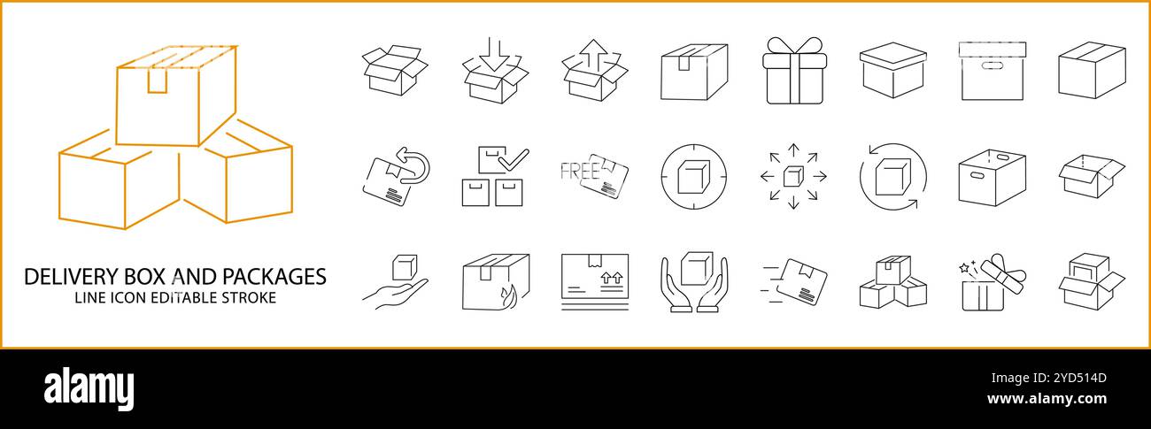 Set di icone della confezione della scatola di consegna in stile linea. Icone della scatola di consegna e della confezione. Illustrazione vettoriale. Tratto modificabile. Illustrazione Vettoriale
