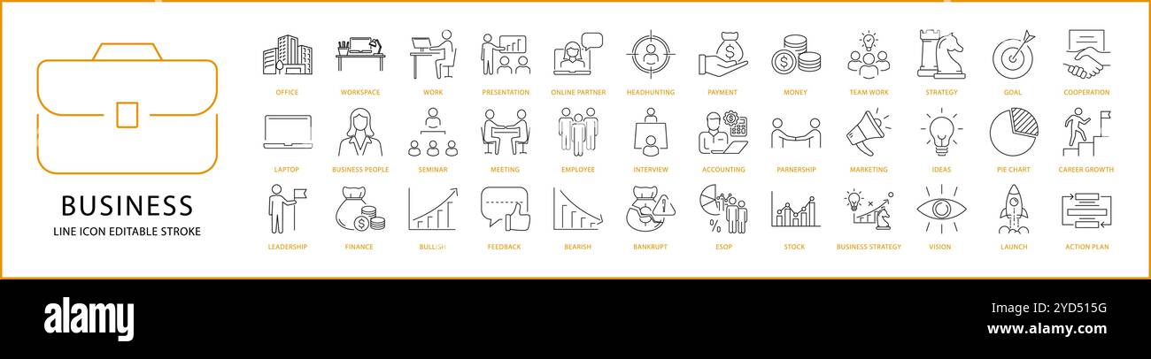 Icona business impostata in stile linea. Icone aziendali. Illustrazione vettoriale. Tratto modificabile. Illustrazione Vettoriale