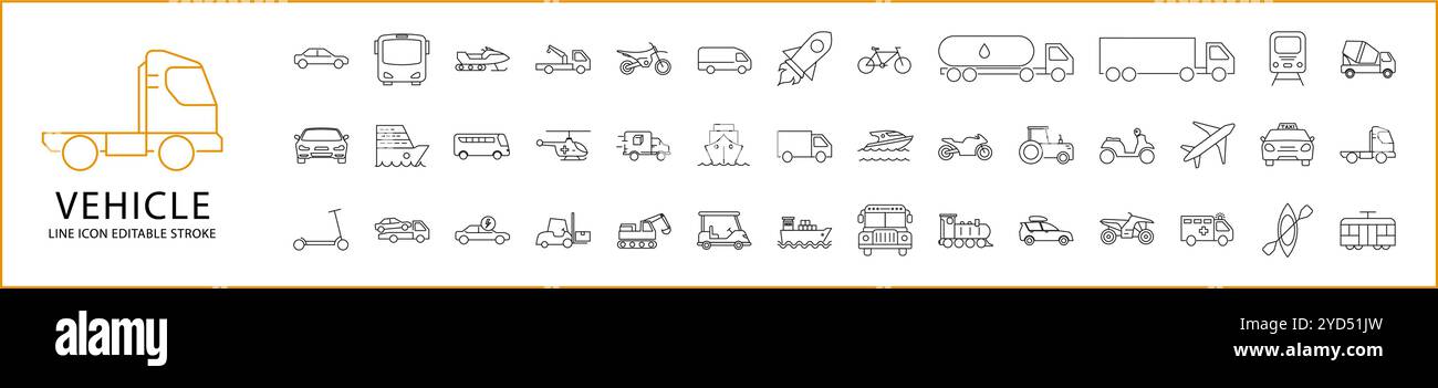 Set di icone veicolo. Icone della linea del veicolo. Contenente trasporto, auto, autobus, camion, furgone, taxi, ritiro, bicicletta, scooter, contorno, carrello elevatore, ecc. Illu vettoriale Illustrazione Vettoriale