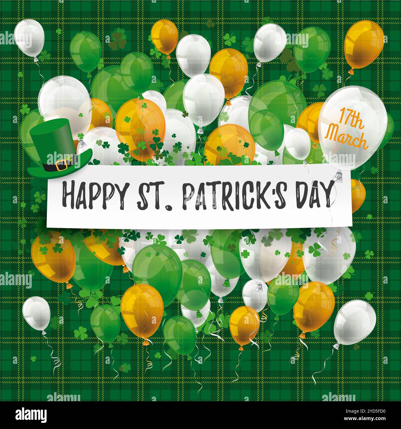 Sfondo verde scozzese irlandese per la giornata di San Patrizio con striscioni, palloncini e sciamrock. File vettoriale EPS 10. Foto Stock