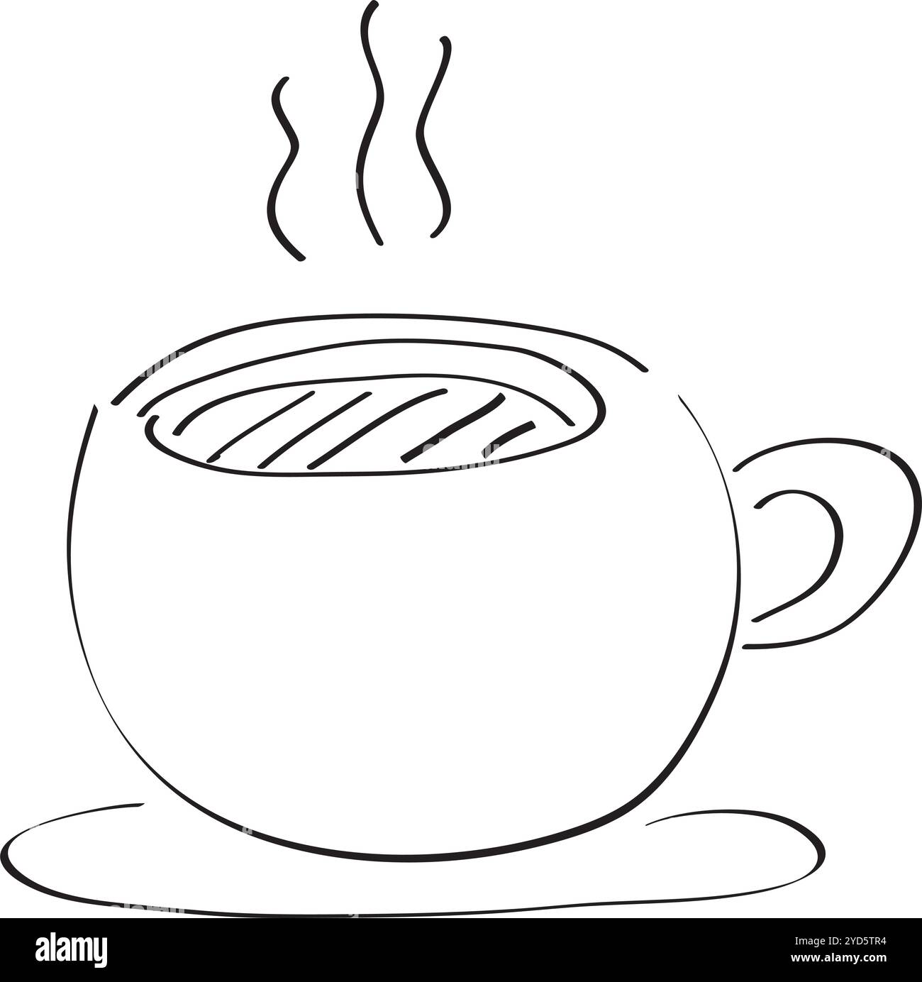 tazza con bevanda calda, tè, caffè disegnato a mano con pennello su sfondo bianco e nero Illustrazione Vettoriale