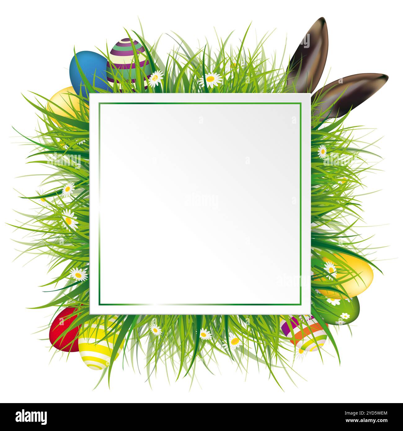 Etichetta della cornice con erba verde, fiori, uova e orecchie lepre sullo sfondo controllato. File vettoriale EPS 10. Foto Stock