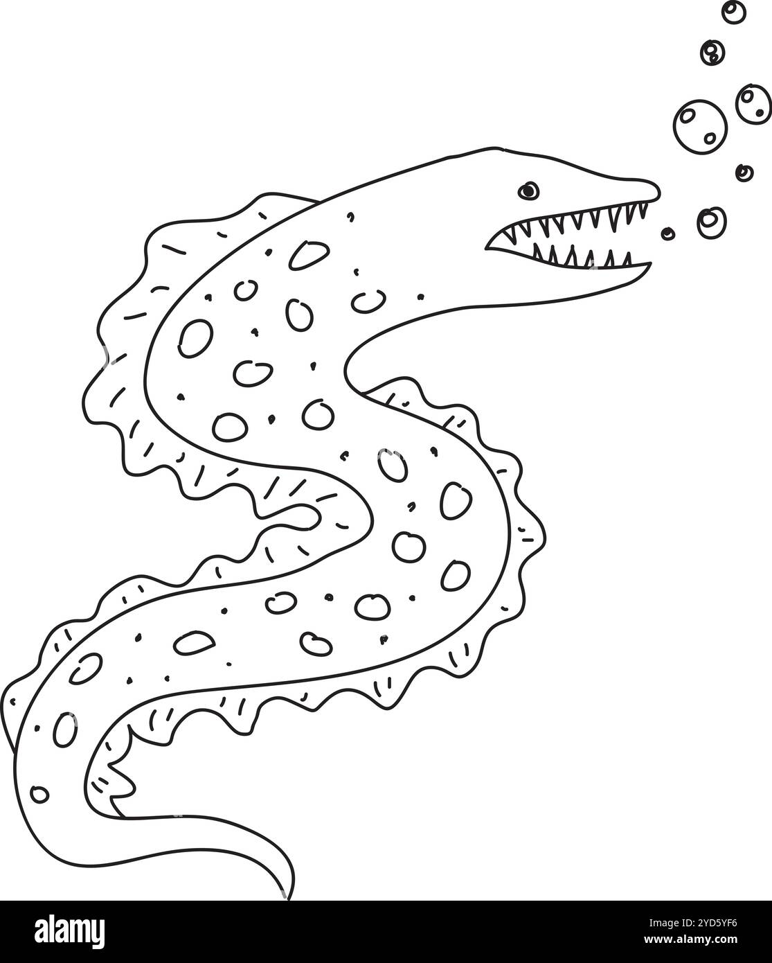 un'anguilla malvagia e spaventosa con denti affilati, disegnata a mano con pennello nero su sfondo bianco Illustrazione Vettoriale