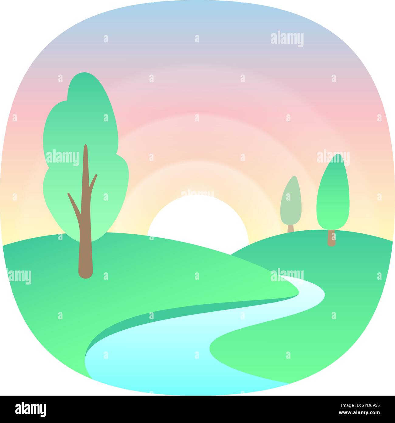 L'alba color pastello illumina un tranquillo paesaggio con alberi stilizzati e un fiume serpeggiante, creando una scena tranquilla e idilliaca Illustrazione Vettoriale