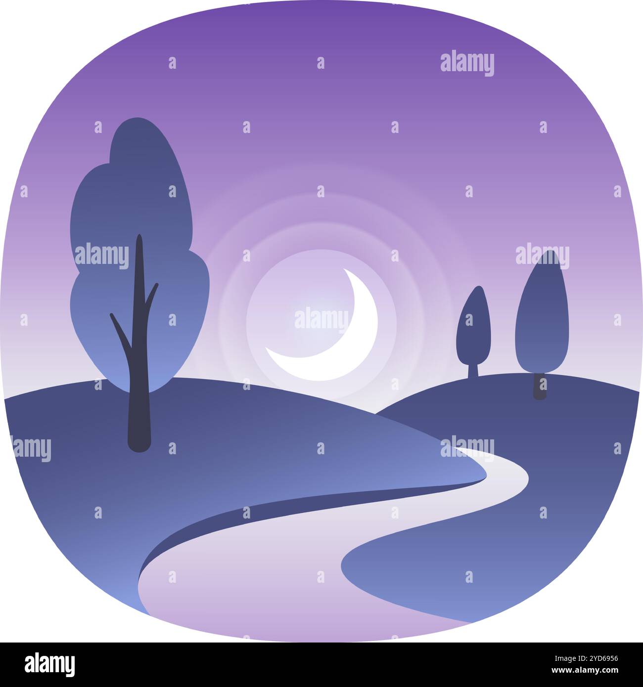 Luna a mezzaluna che illumina un paesaggio tranquillo con un fiume tortuoso, alberi stilizzati e colline ondulate immerse nel soffice bagliore del crepuscolo, evocando un Illustrazione Vettoriale