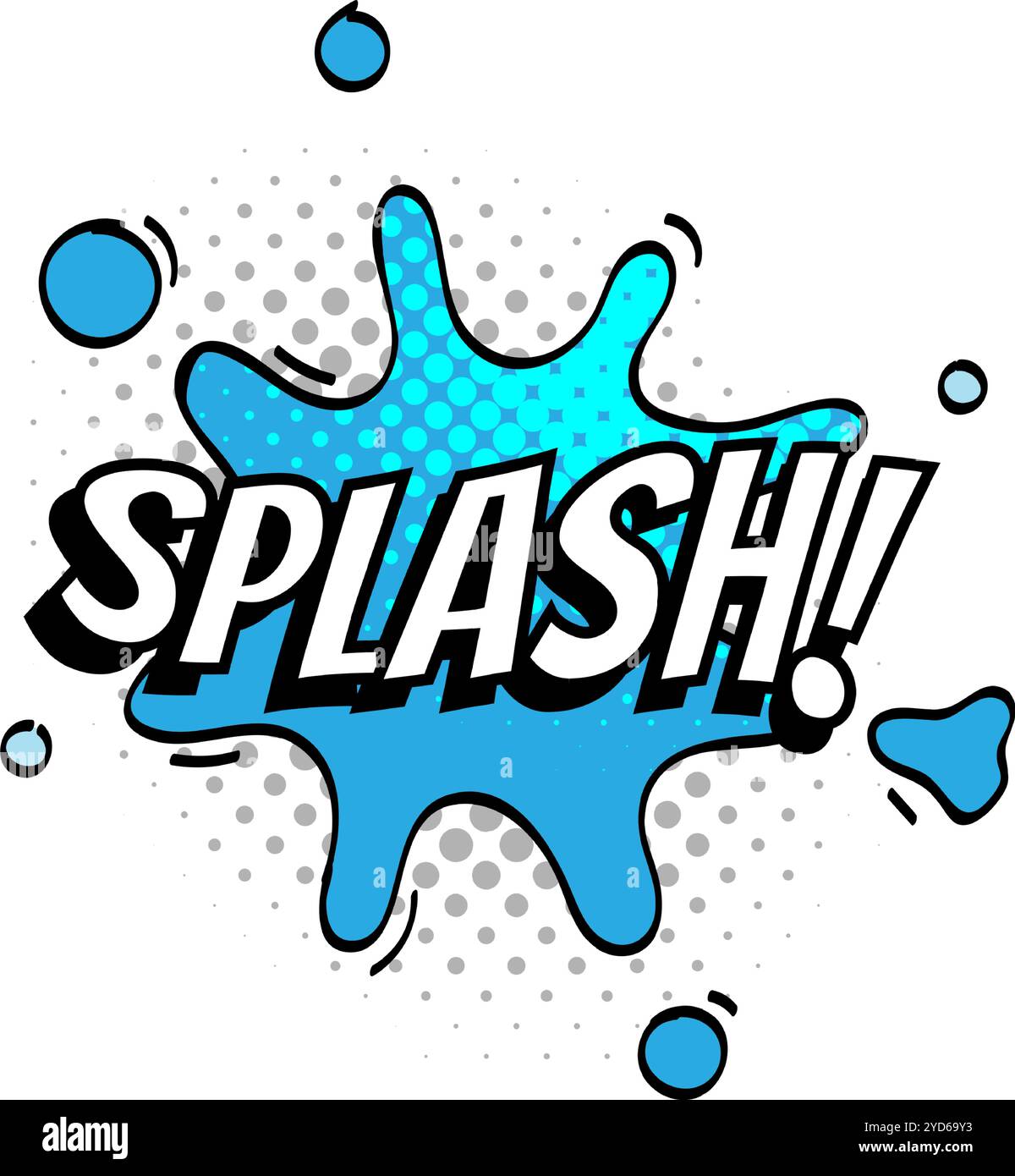 Acqua blu brillante con lettere bianche e punto esclamativo in grassetto per creare un effetto fumetto dinamico con punti mezzitoni Illustrazione Vettoriale