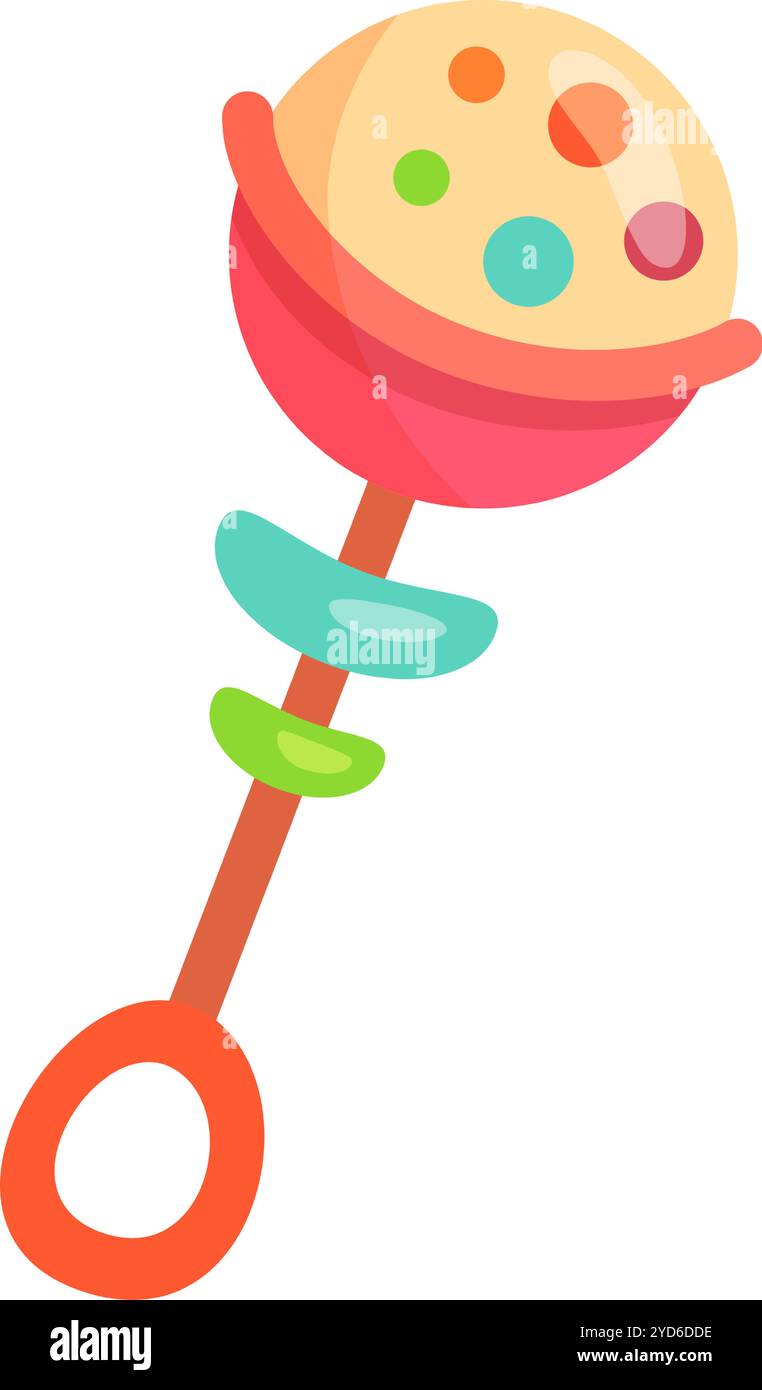 Il giocattolo a sonaglio per bambini è dotato di un manico circolare, punti colorati e un design divertente, perfetto per coinvolgere i bambini e stimolare i loro sensi Illustrazione Vettoriale