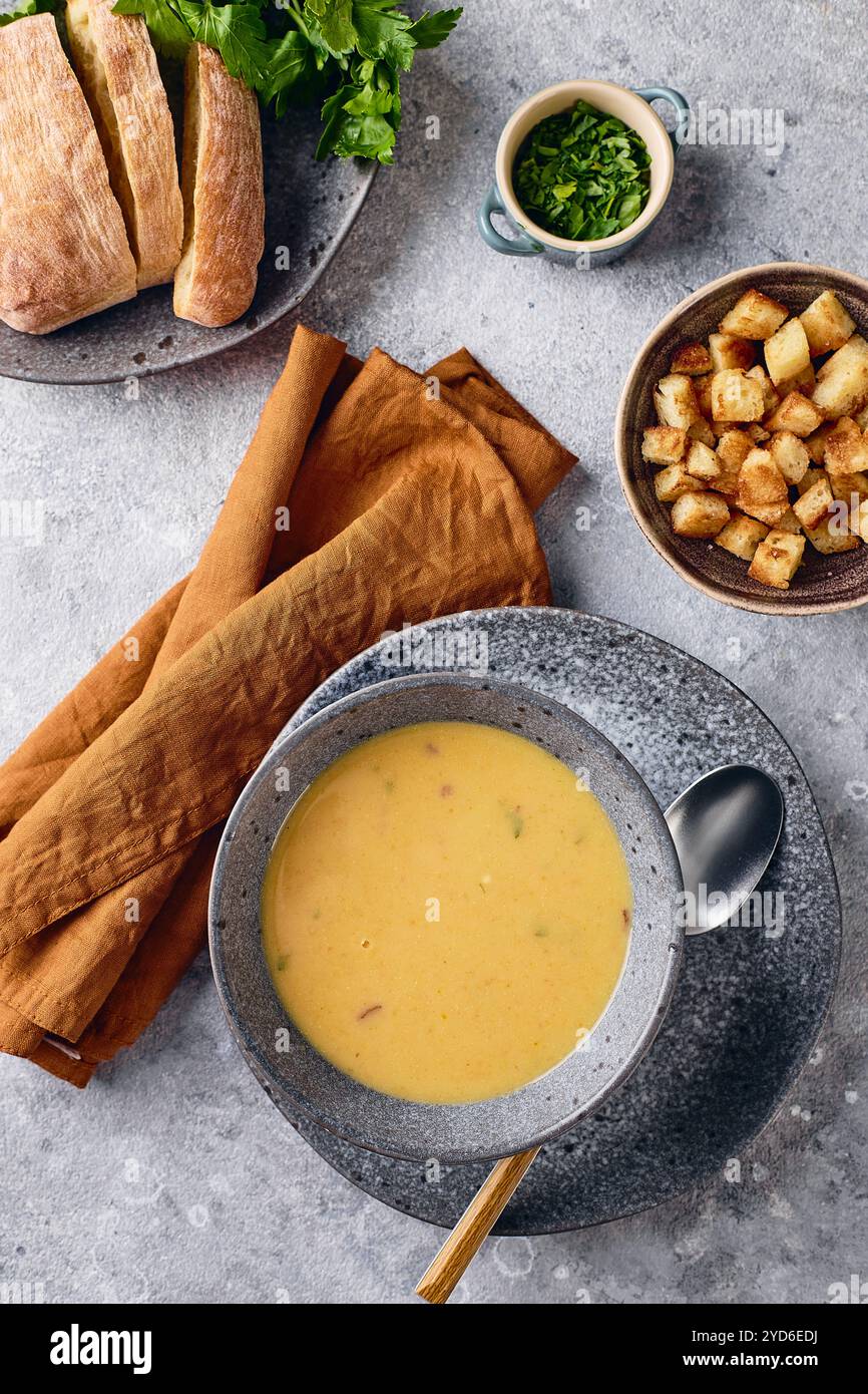 Recipiente di purè di zuppa di patate con crostini, prezzemolo e pepe rosso macinato e cucchiaio sul piatto. Foto Stock